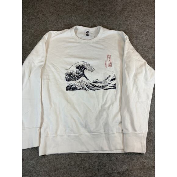 Uniqlo Hokusai Blue Sweatshirt Men XL White Crewneck The Great Wave off Kanagawa - Picture 1 of 5